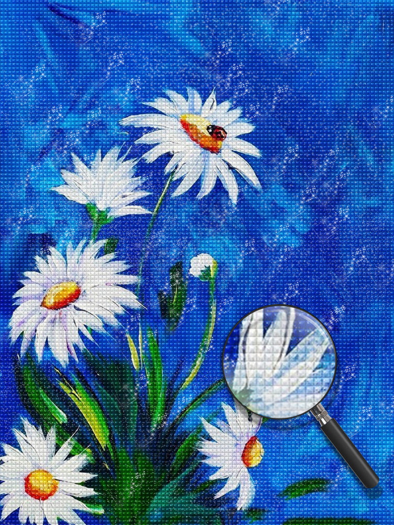 Weiße Gänseblümchen und blauer Hintergrund Diamond Painting