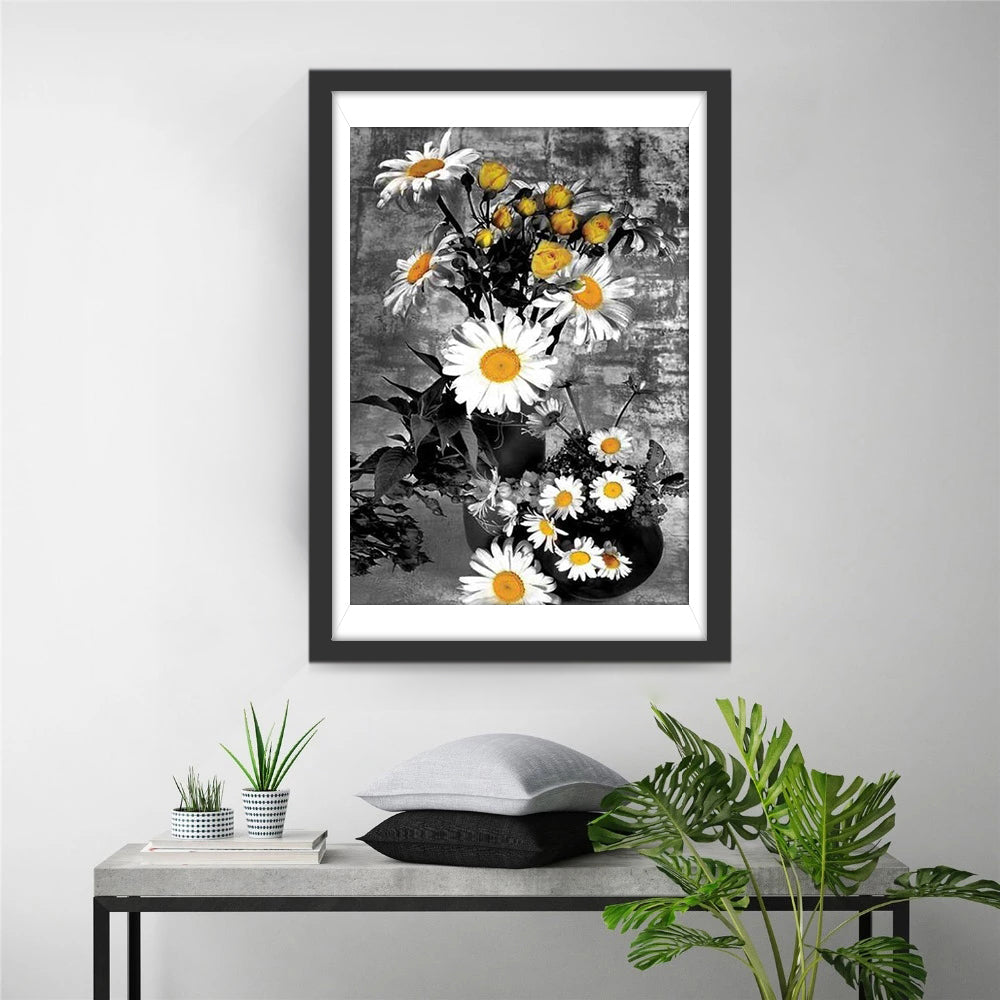 Weiße Gänseblumen und gelbe Blumen Diamond Painting