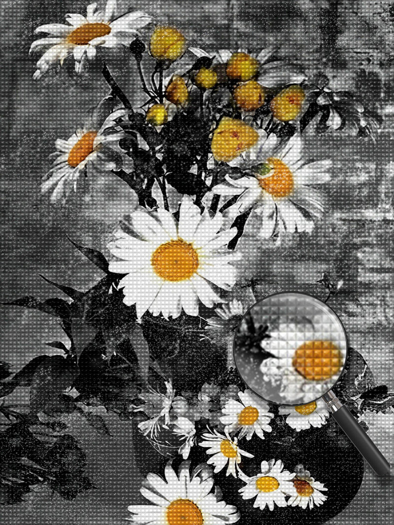 Weiße Gänseblumen und gelbe Blumen Diamond Painting