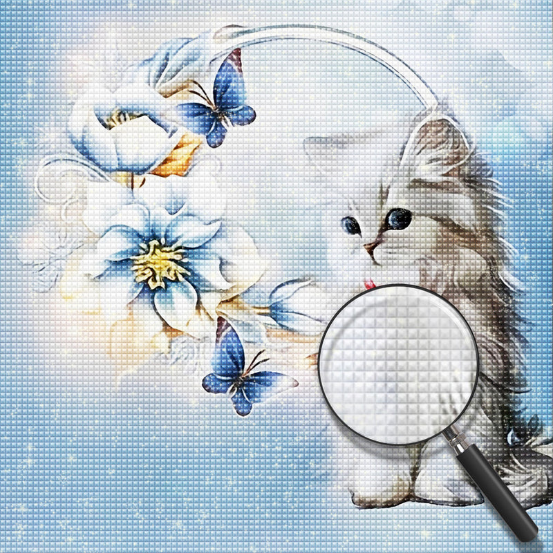 Weiße Katze, Blumen und Schmetterlinge Diamond Painting