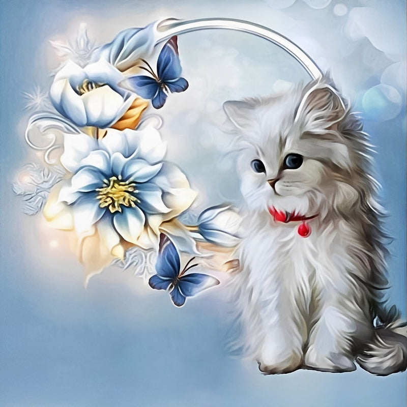 Weiße Katze, Blumen und Schmetterlinge Diamond Painting