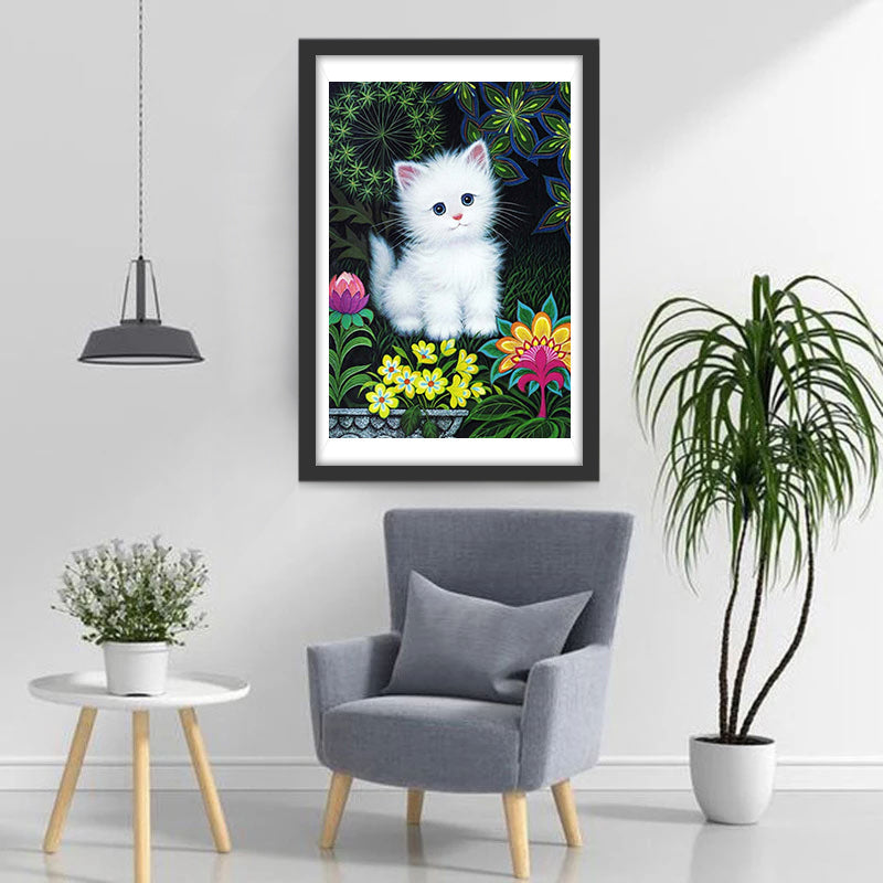 Weiße Katze und Blumen Diamond Painting