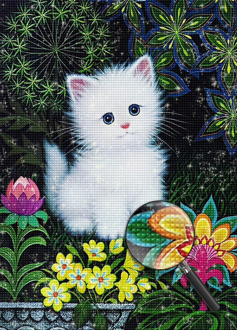 Weiße Katze und Blumen Diamond Painting