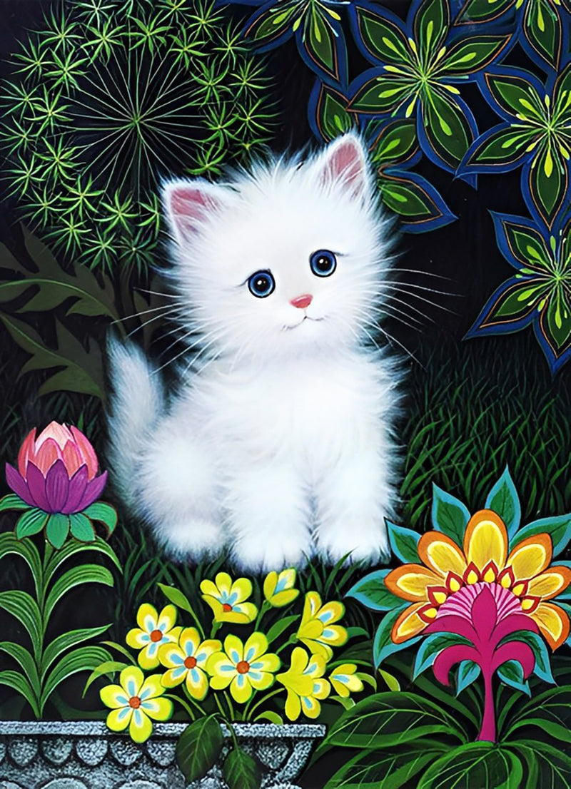 Weiße Katze und Blumen Diamond Painting