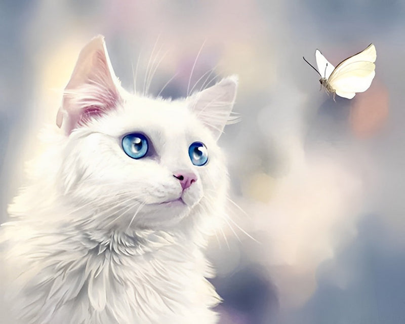 Weiße Katze und Schmetterling Diamond Painting