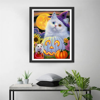 Weiße Katze und weiße Kürbislaterne Diamond Painting