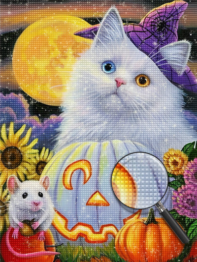 Weiße Katze und weiße Kürbislaterne Diamond Painting