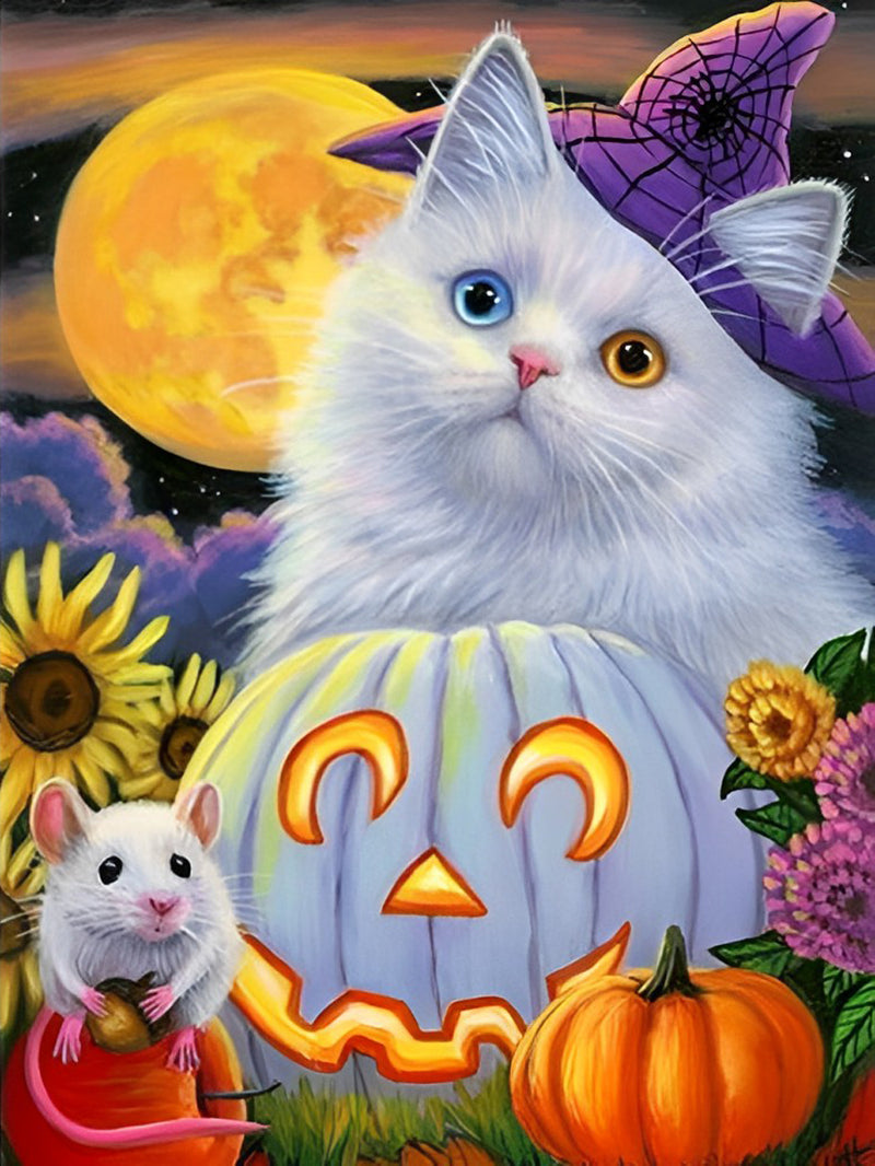 Weiße Katze und weiße Kürbislaterne Diamond Painting