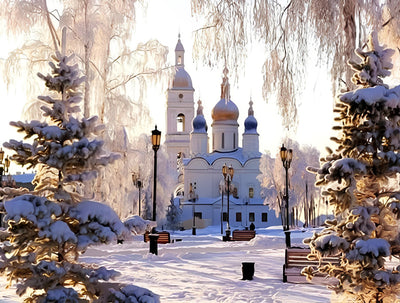 Weiße Kirche im Winter Diamond Painting