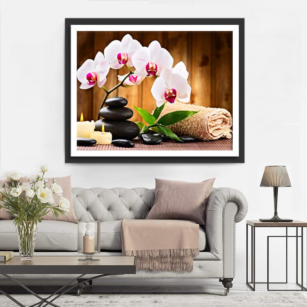 Weiße Malaienblumen und Kieselsteine Diamond Painting