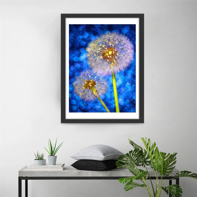 Weiße Pusteblumen und blauer Hintergrund Diamond Painting