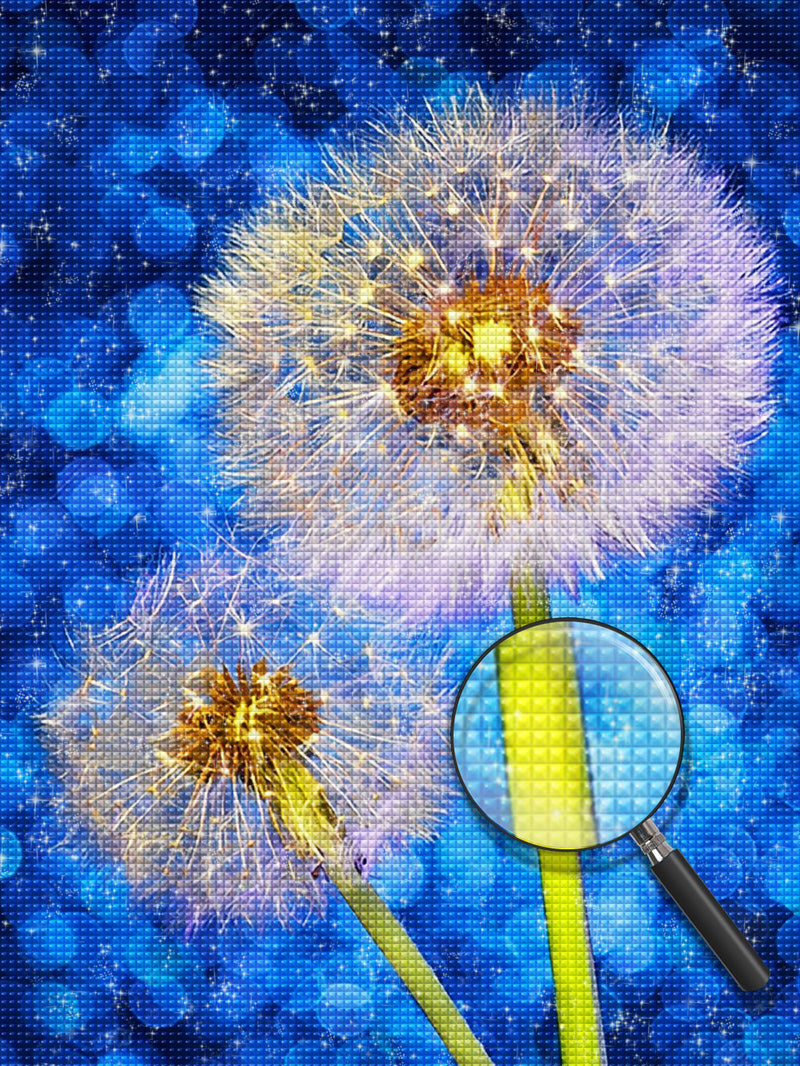 Weiße Pusteblumen und blauer Hintergrund Diamond Painting