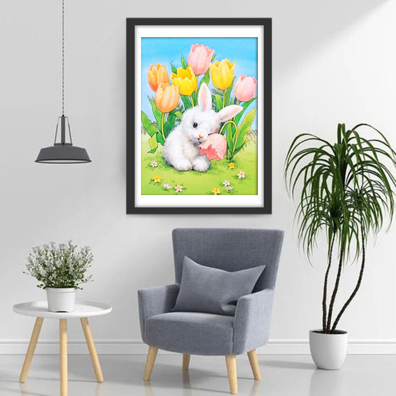 Weißer Hase und Tulpen Diamond Painting