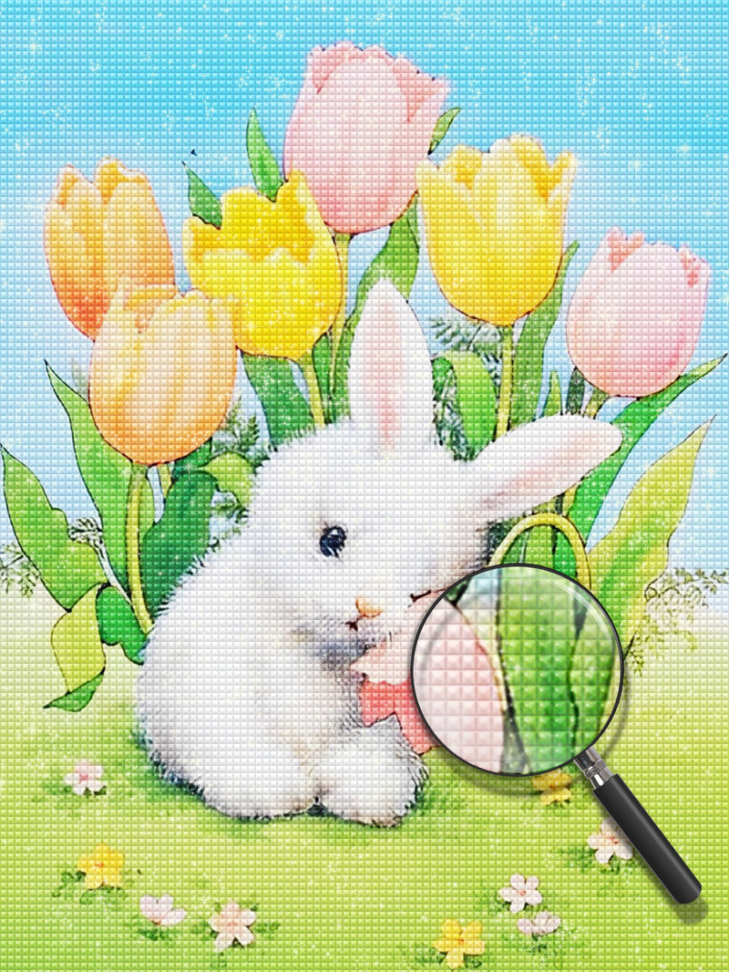 Weißer Hase und Tulpen Diamond Painting