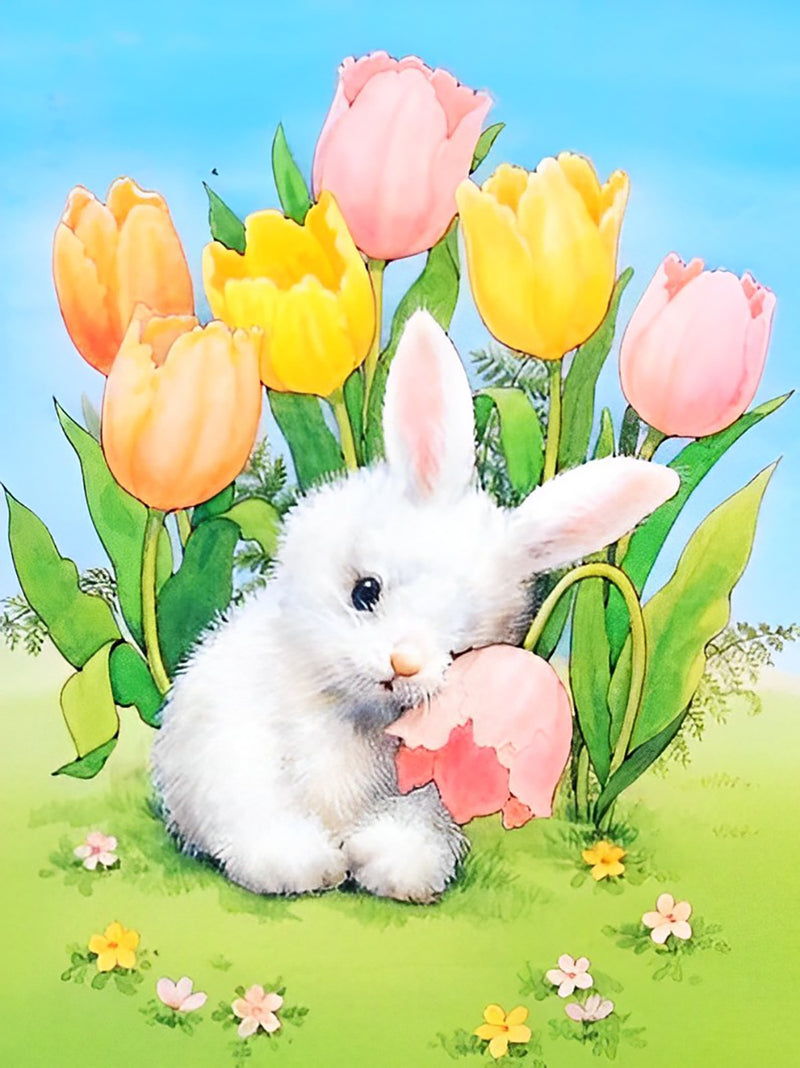 Weißer Hase und Tulpen Diamond Painting