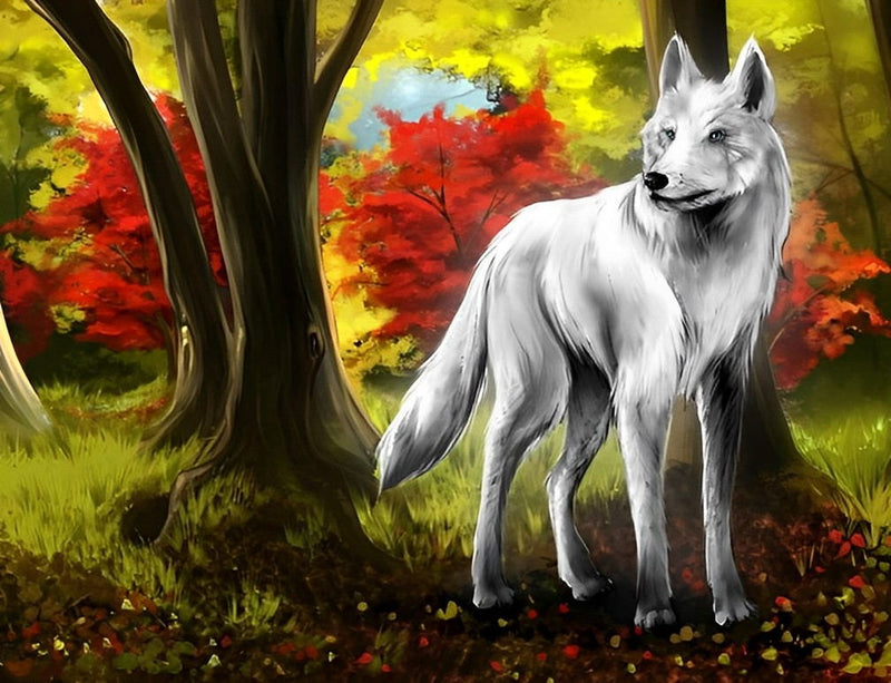 Weißer Wolf unter dem Baum Diamond Painting