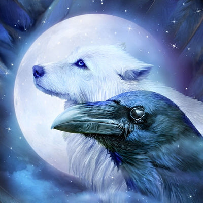 Weißer Wolf, Vollmond und Rabe Diamond Painting