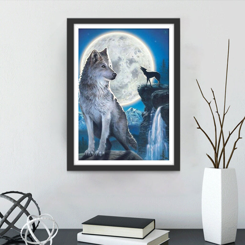 Weißer Wolf, Wasserfall und Vollmond Diamond Painting