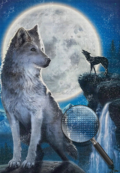 Weißer Wolf, Wasserfall und Vollmond Diamond Painting