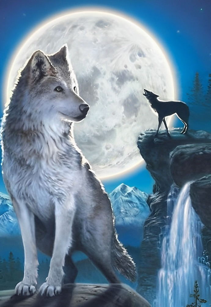 Weißer Wolf, Wasserfall und Vollmond Diamond Painting