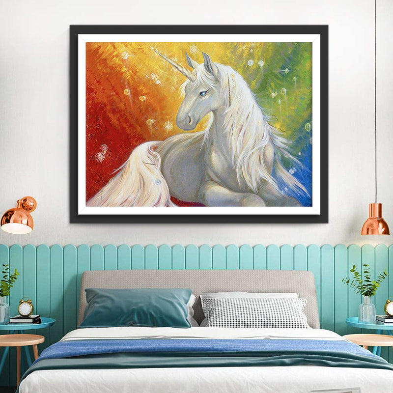 Weißes Einhorn auf dem farbigen Hintergrund Diamond Painting