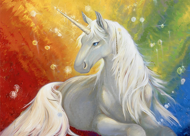 Weißes Einhorn auf dem farbigen Hintergrund Diamond Painting