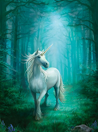 Weißes Einhorn im Wald mit grünem Licht Diamond Painting