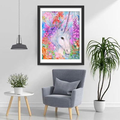 Weißes Einhorn und bunte Blumen Diamond Painting