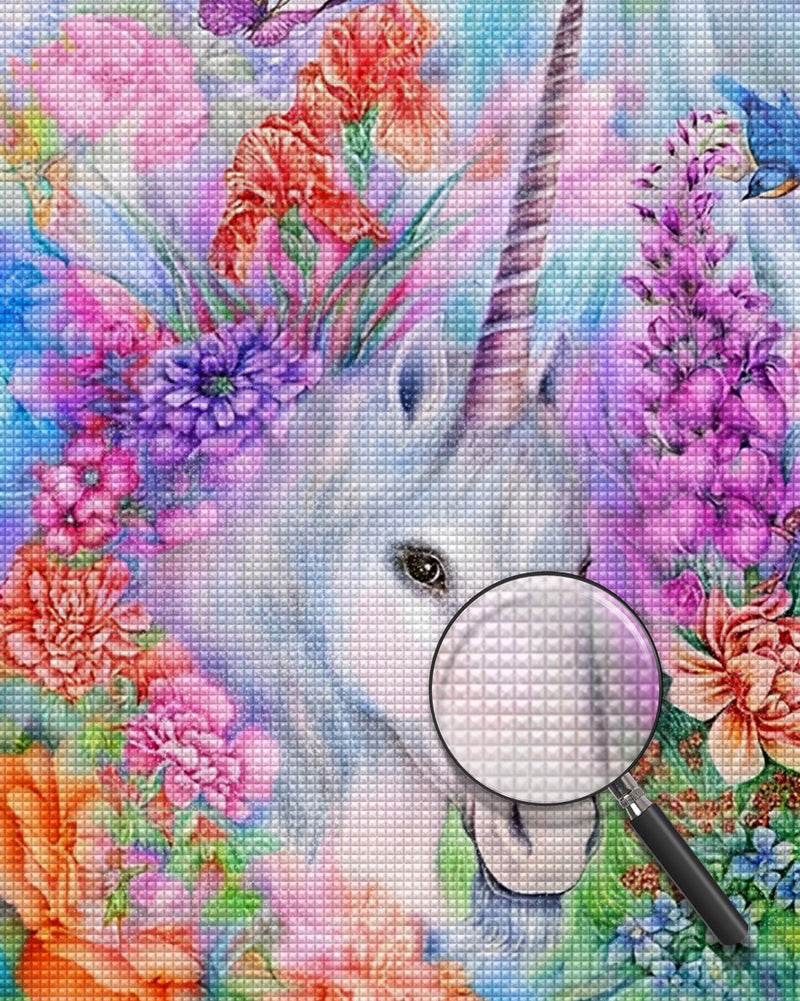 Weißes Einhorn und bunte Blumen Diamond Painting