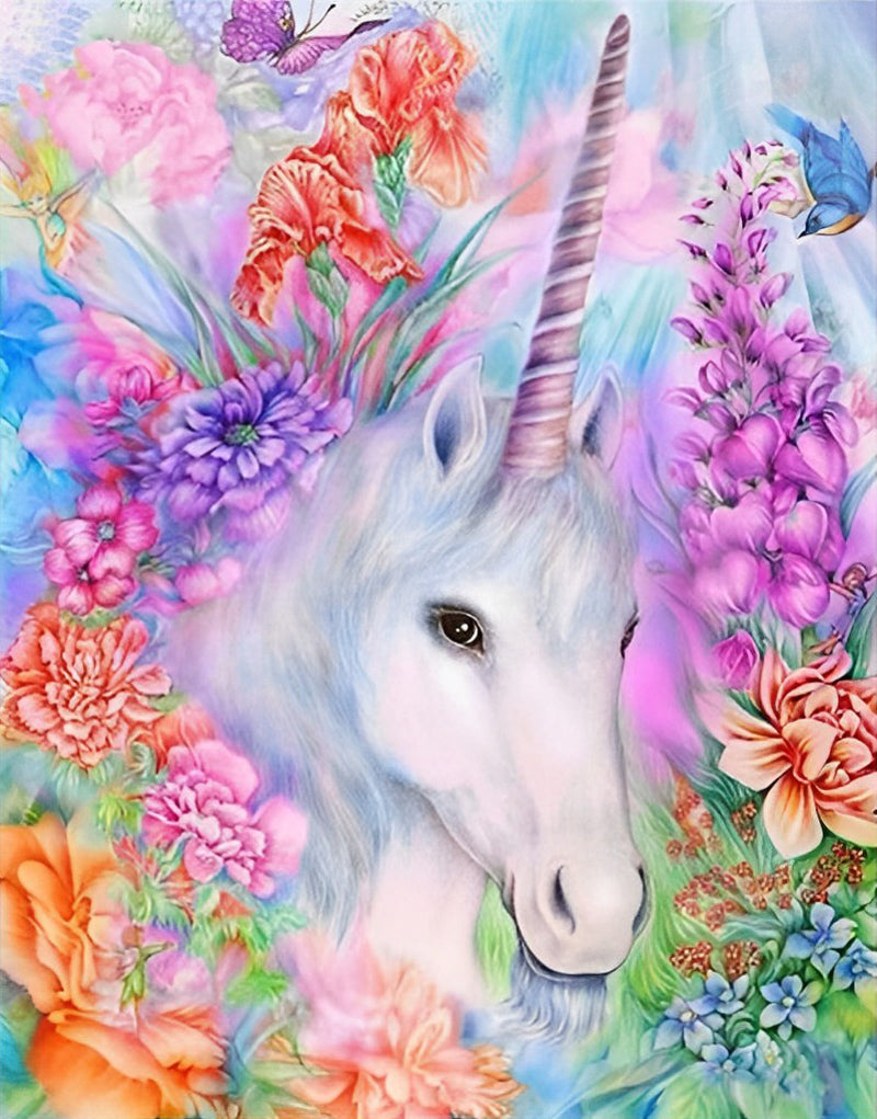 Weißes Einhorn und bunte Blumen Diamond Painting