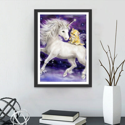 Weißes Einhorn und Katze Diamond Painting