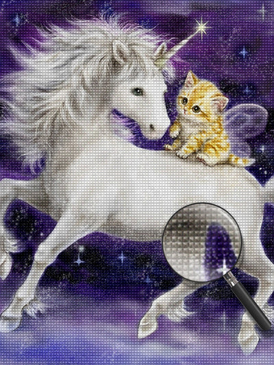 Weißes Einhorn und Katze Diamond Painting