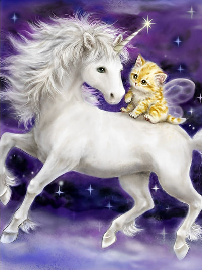 Weißes Einhorn und Katze Diamond Painting