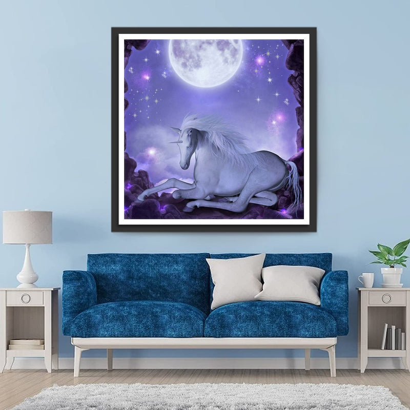 Weißes Einhorn und Vollmond Diamond Painting