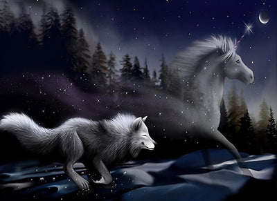 Weißes Einhorn und Wolf Diamond Painting