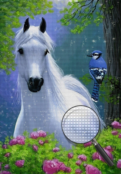 Weißes Pferd und blauer Vogel Diamond Painting