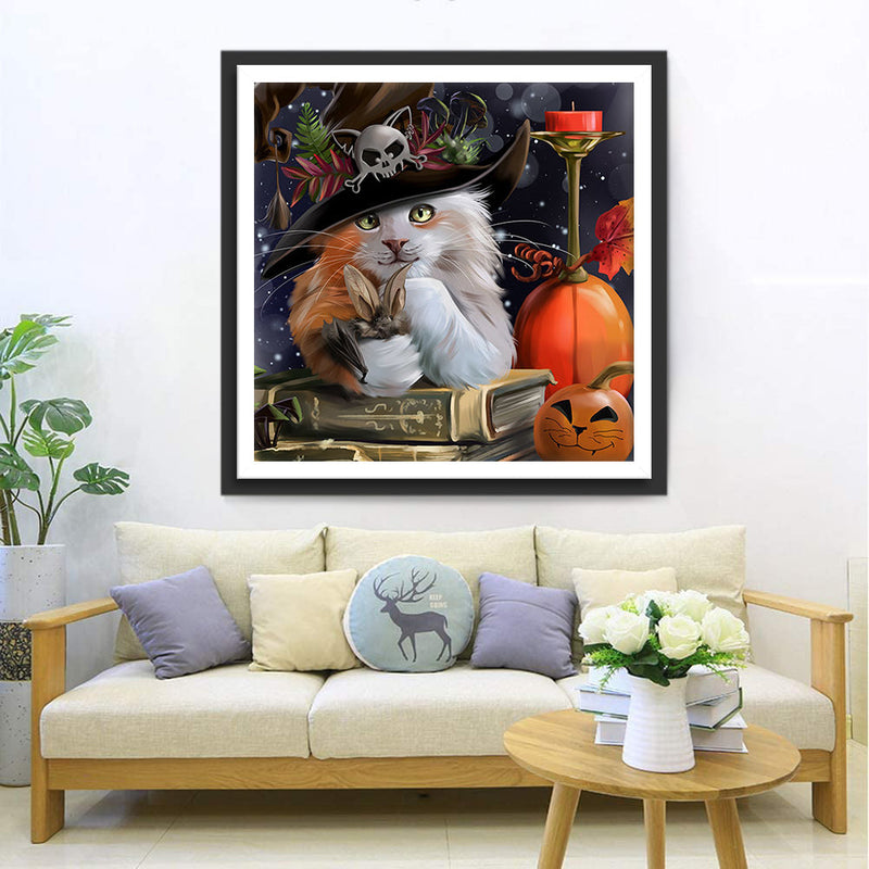 Weißkatze und Zauberbuch an Halloween Diamond Painting