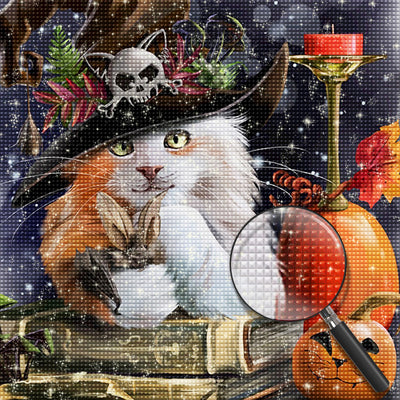 Weißkatze und Zauberbuch an Halloween Diamond Painting