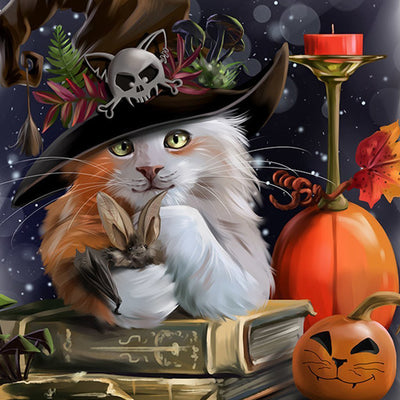 Weißkatze und Zauberbuch an Halloween Diamond Painting