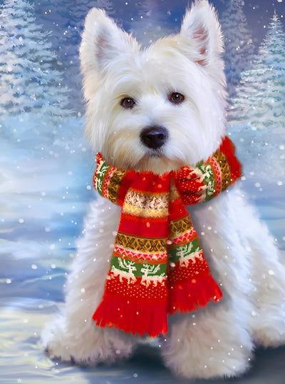 West Highland White Terrier mit Schal im Winter Diamond Painting