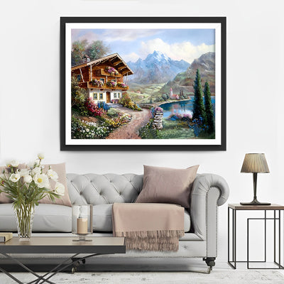 Wildblumen und Hütte in den Bergen Diamond Painting