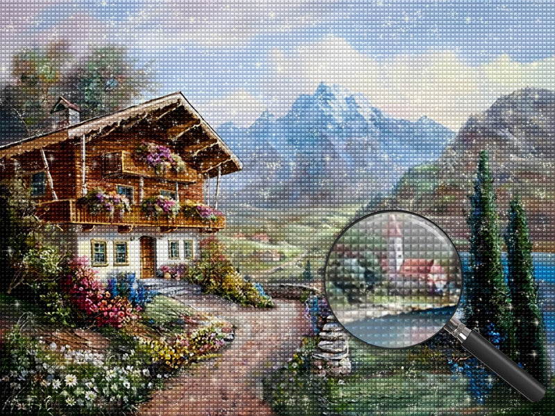 Wildblumen und Hütte in den Bergen Diamond Painting