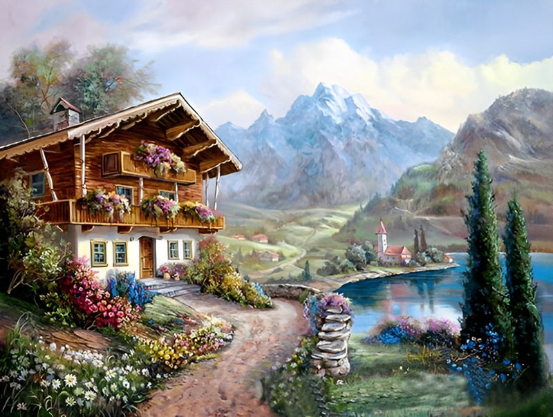 Wildblumen und Hütte in den Bergen Diamond Painting