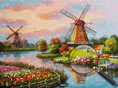 Windräder, Fluss und Blumenfeld Diamond Painting