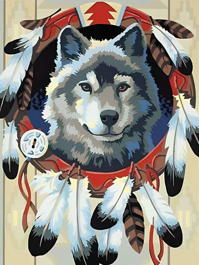 Wolf im Indianer-Traumfänger Diamond Painting