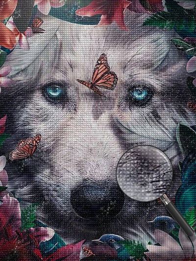 Wolf in den Blumen Diamond Painting