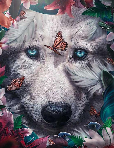 Wolf in den Blumen Diamond Painting