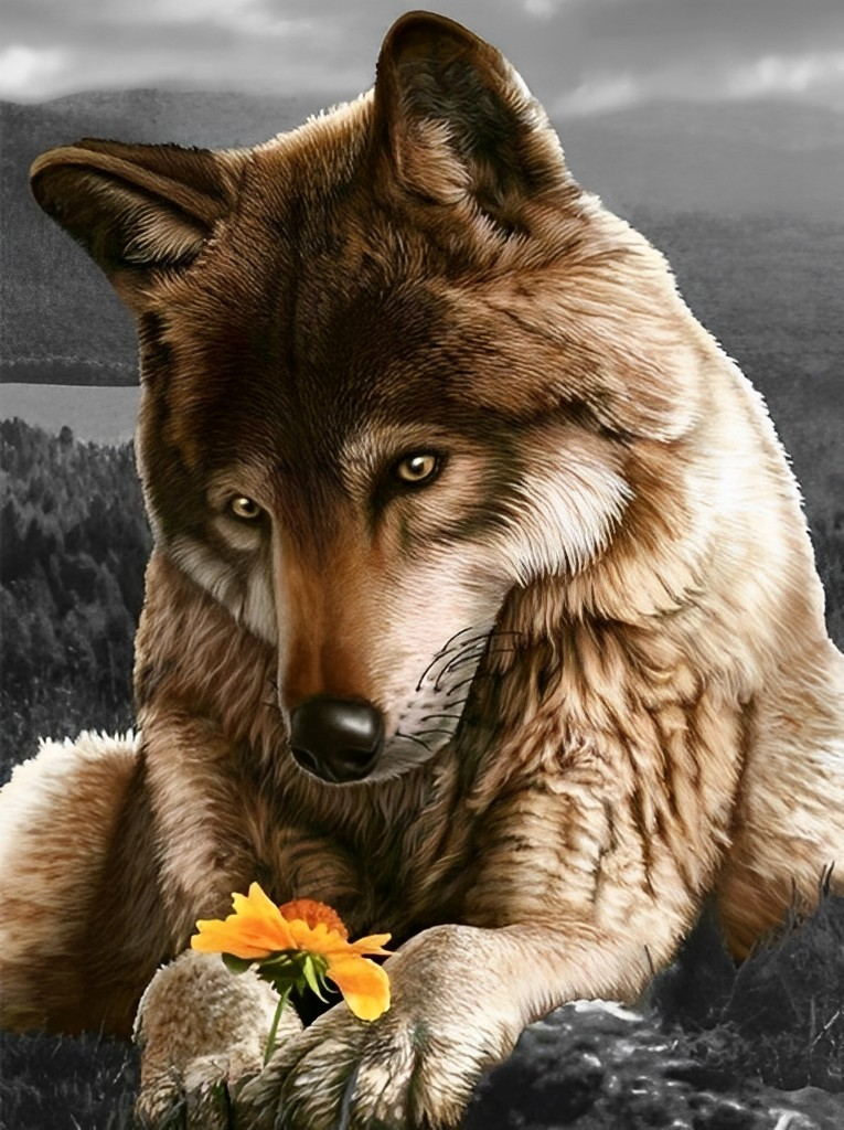 Wolf mit gelber Blume Diamond Painting