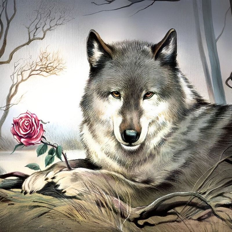 Wolf mit Rose Diamond Painting