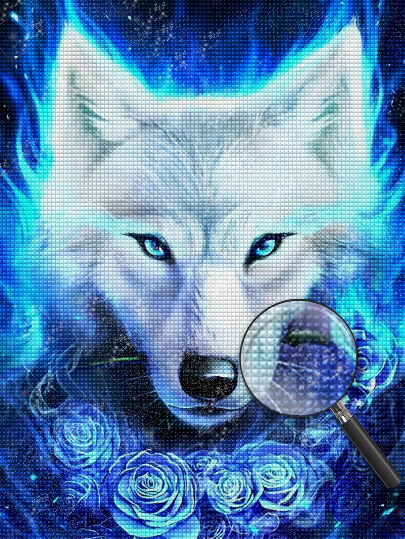 Wolf und blaue Rosen Diamond Painting